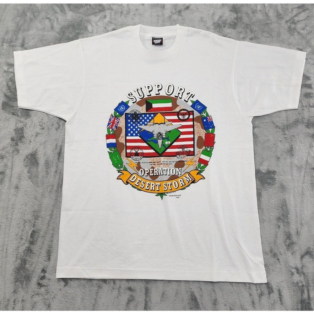 Vintage Desert Storm Tee Mens XL White Screen Stars Best 1991 Military USA Flag